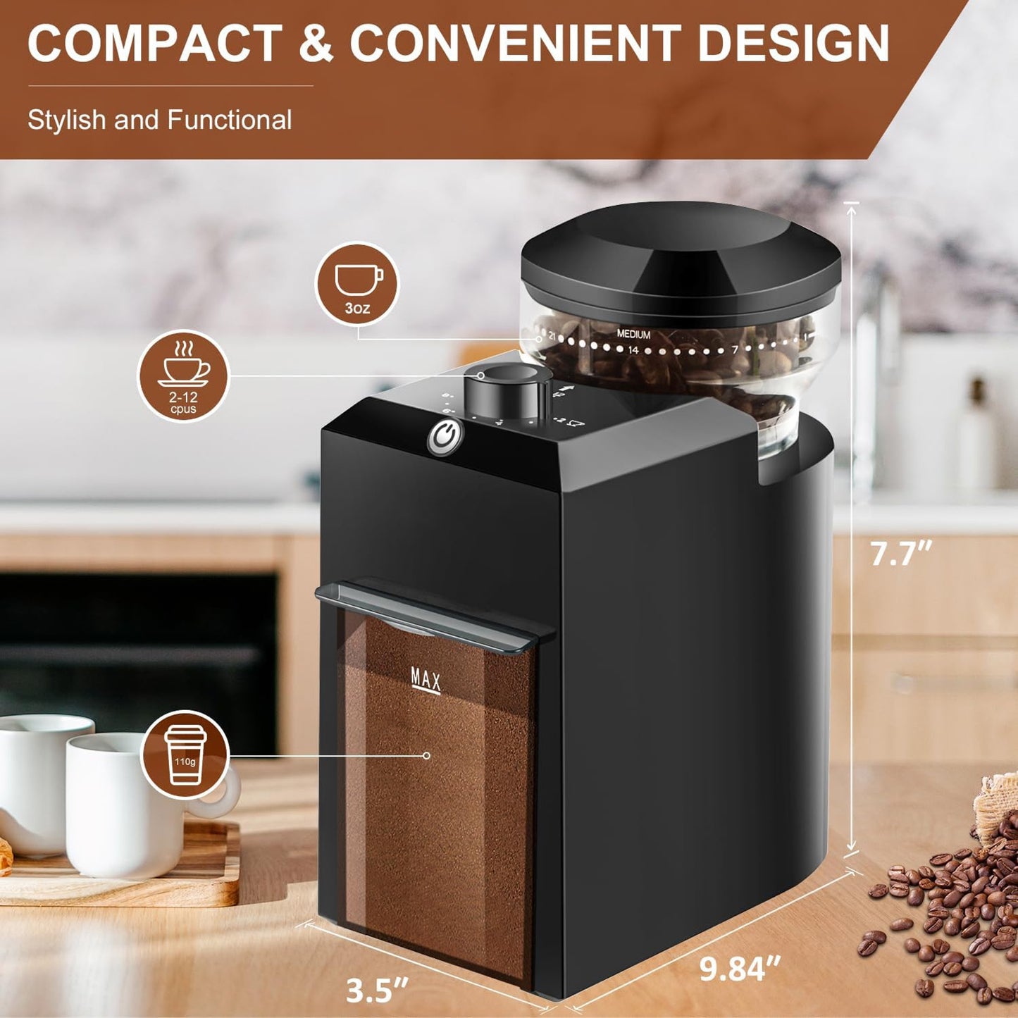 BletNoda Flat Burr Coffee Bean Grinder for Espresso & French Press