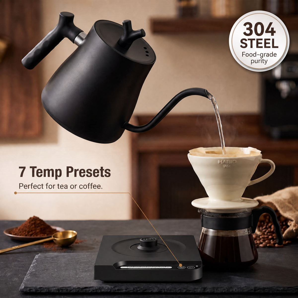 NisFlume Electric Gooseneck Kettle with Temperature Control & 304 Stainless Steel