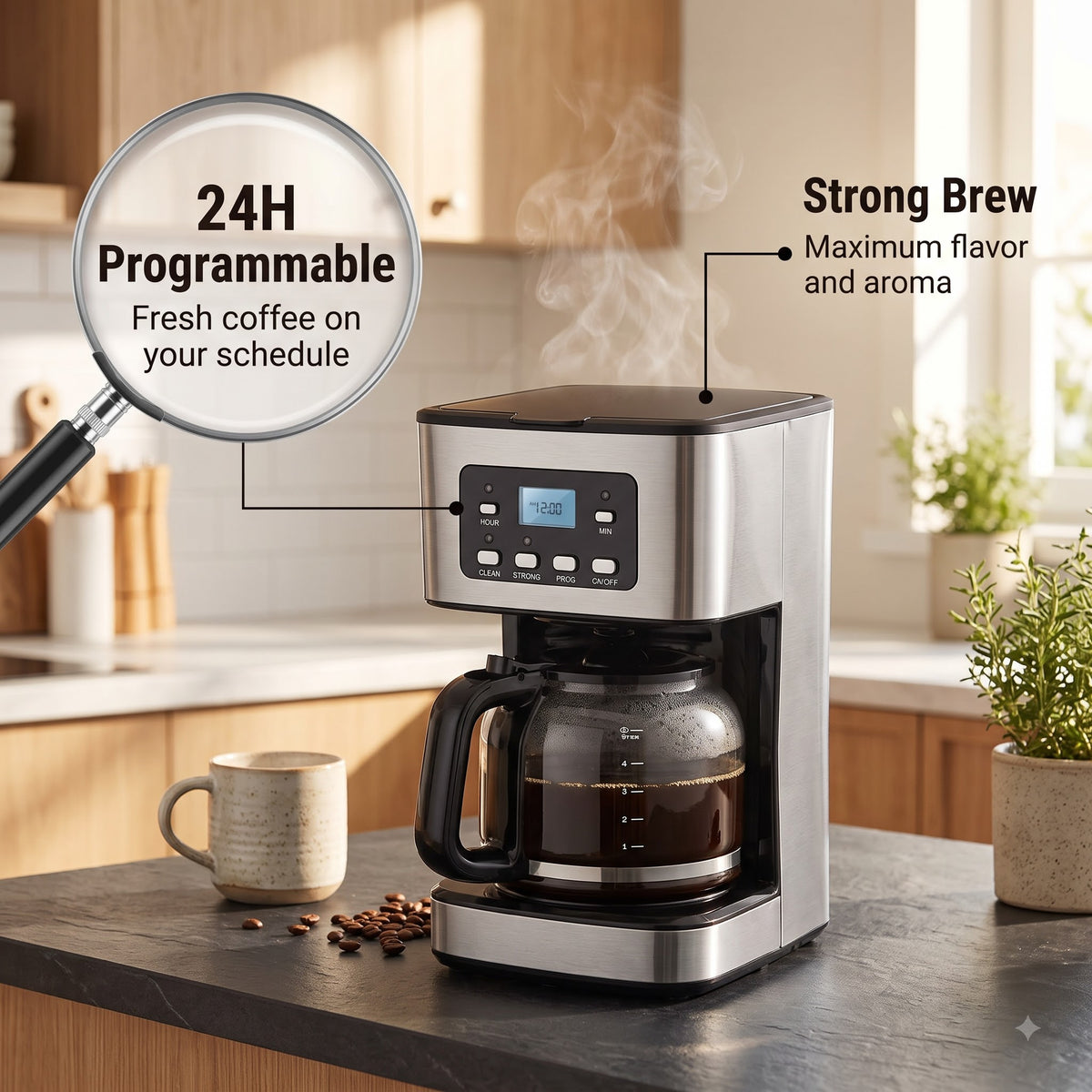 CatyFond 1.5L Programmable Drip Coffee Maker with 24H Timer