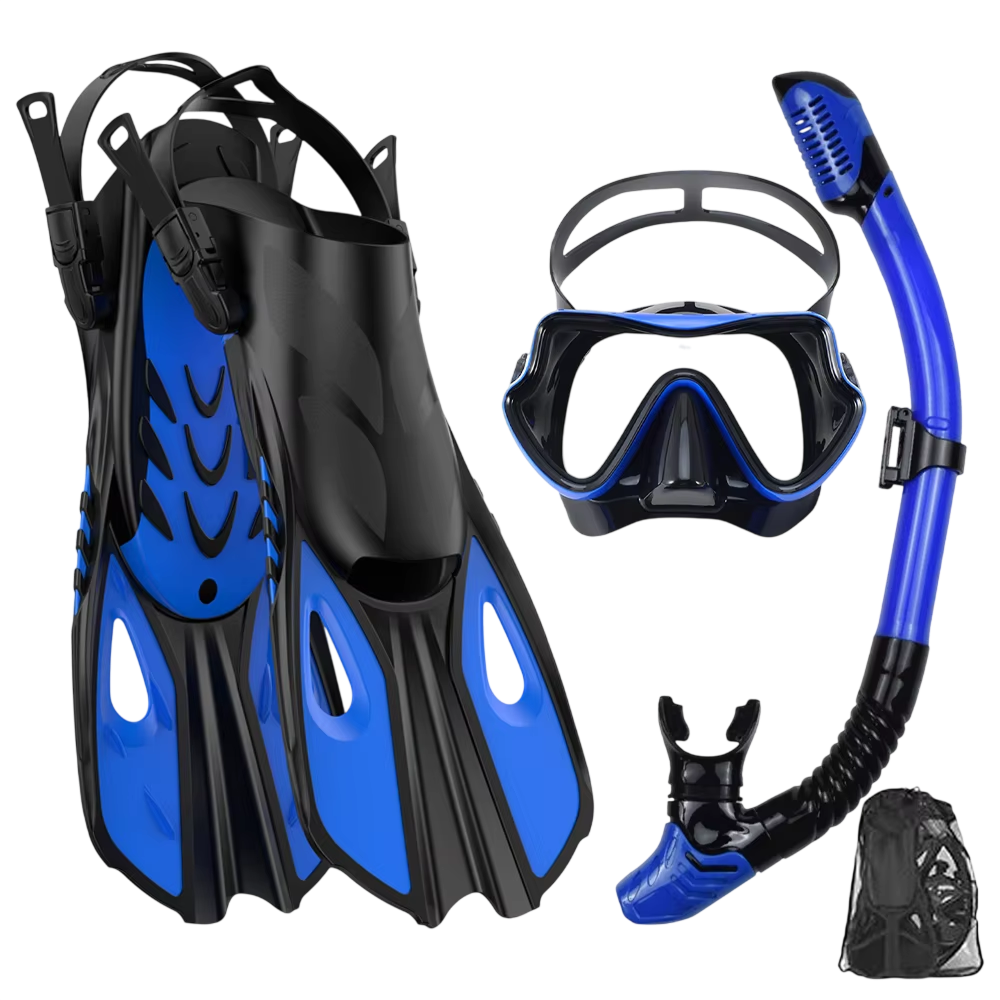 3-in-1 Snorkeling Gear 180 Panoramic Tempered Glass Mask Dry Top Fins BlicMask