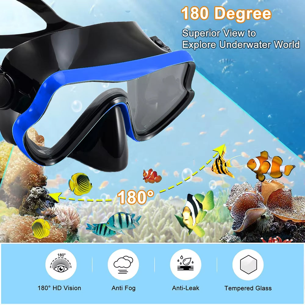 3-in-1 Snorkeling Gear 180 Panoramic Tempered Glass Mask Dry Top Fins BlicMask