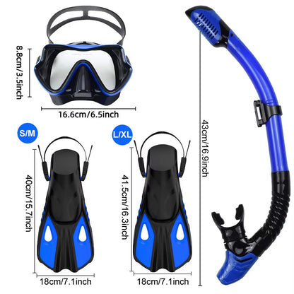 3-in-1 Snorkeling Gear 180 Panoramic Tempered Glass Mask Dry Top Fins BlicMask