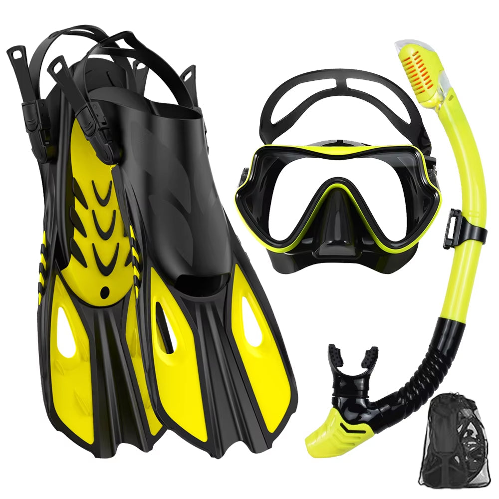 3-in-1 Snorkeling Gear 180 Panoramic Tempered Glass Mask Dry Top Fins BlicMask
