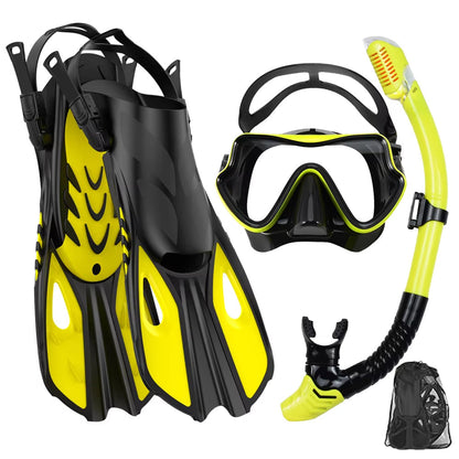 3-in-1 Snorkeling Gear 180 Panoramic Tempered Glass Mask Dry Top Fins BlicMask
