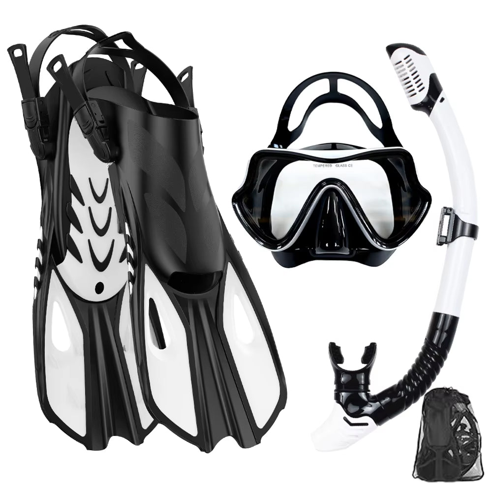3-in-1 Snorkeling Gear 180 Panoramic Tempered Glass Mask Dry Top Fins BlicMask