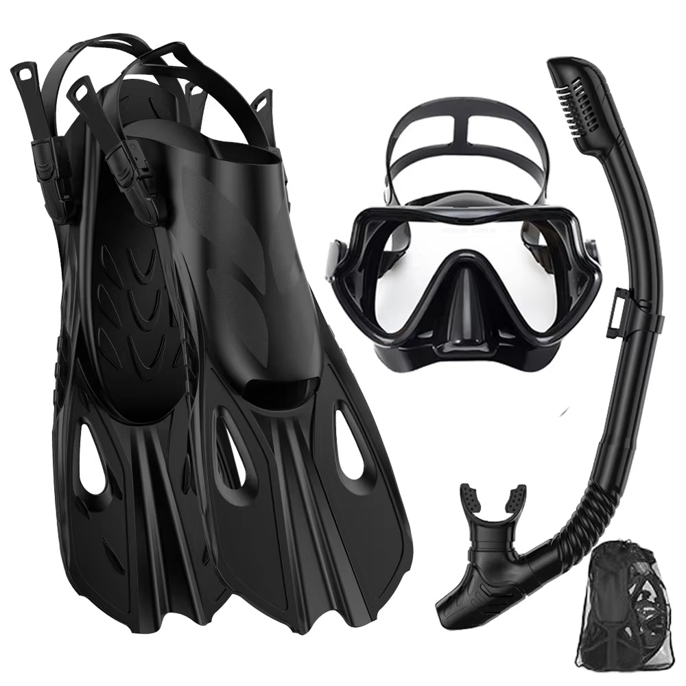3-in-1 Snorkeling Gear 180 Panoramic Tempered Glass Mask Dry Top Fins BlicMask