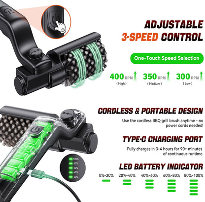 BruxMixi Electric Grill Brush 8-Angle Adjustable Head with 400 RPM 3-Speed Motor