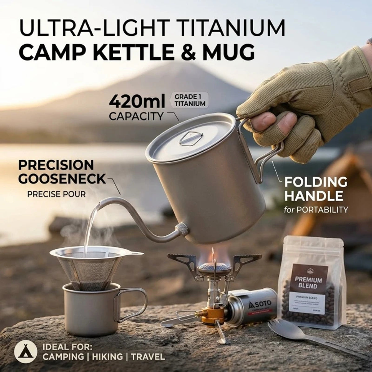 CaborWel Titanium Pour Over Kettle for Camping & Backpacking