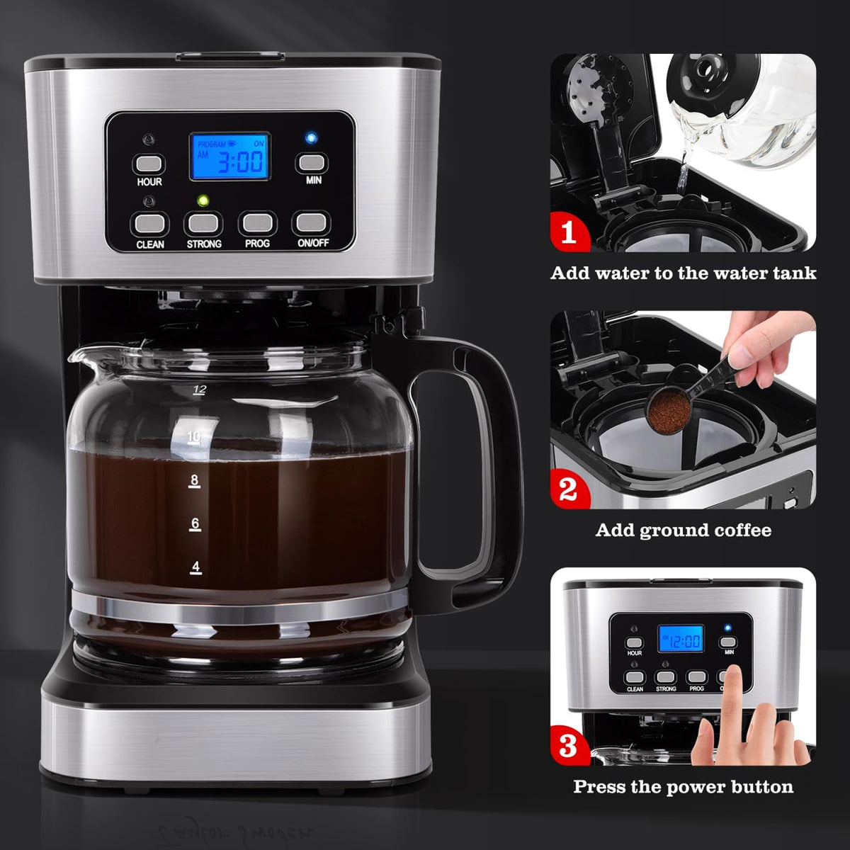 CatyFond 1.5L Programmable Drip Coffee Maker with 24H Timer