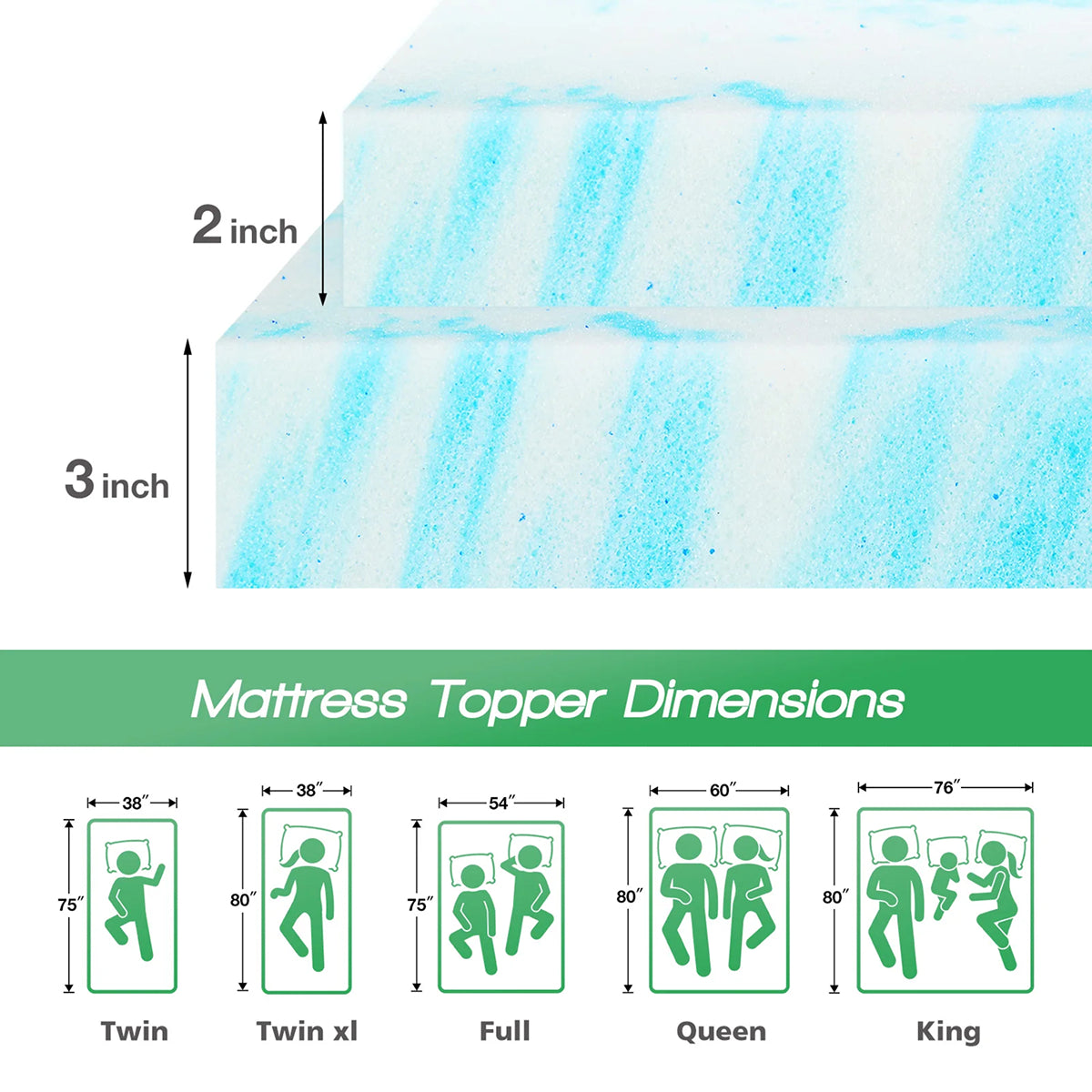 Queen Mattress Topper 3 Inch Gel Memory Foam Cooling Mattress Pad CrofGant