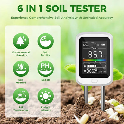 6-in-1 Digital Soil Tester pH Moisture Fertility Meter Rotatable HD