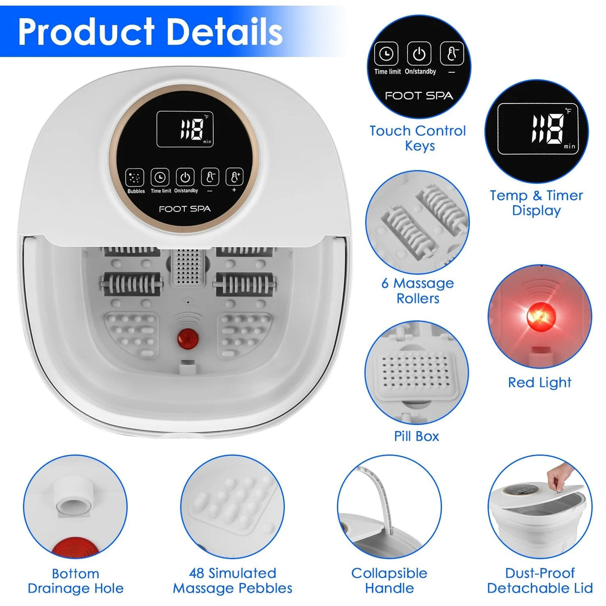 Foldable Foot Spa Massager with Heat Electric Pedicure Foot Bath Tub FotixBath