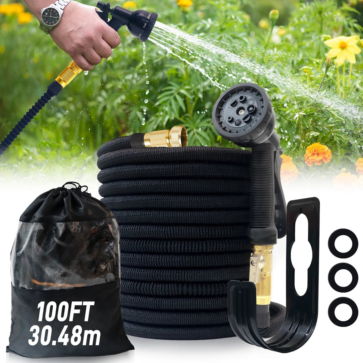 HosiExpi 100ft Expandable Garden Hose with 8-Pattern Nozzle