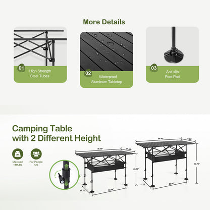 PimiTabix Portable Folding Camping & Picnic Table with Adjustable Height
