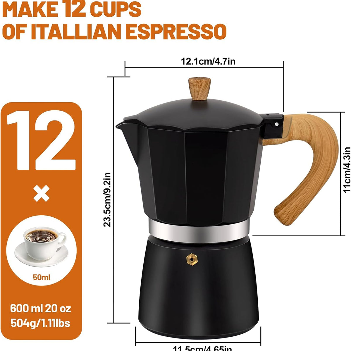 RostCafi Italian Moka Pot Espresso Maker with Vintage Wooden Handle