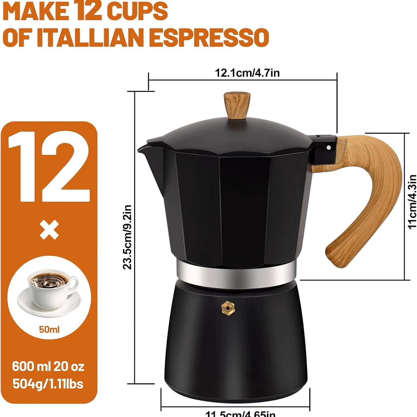 RostCafi Italian Moka Pot Espresso Maker with Vintage Wooden Handle