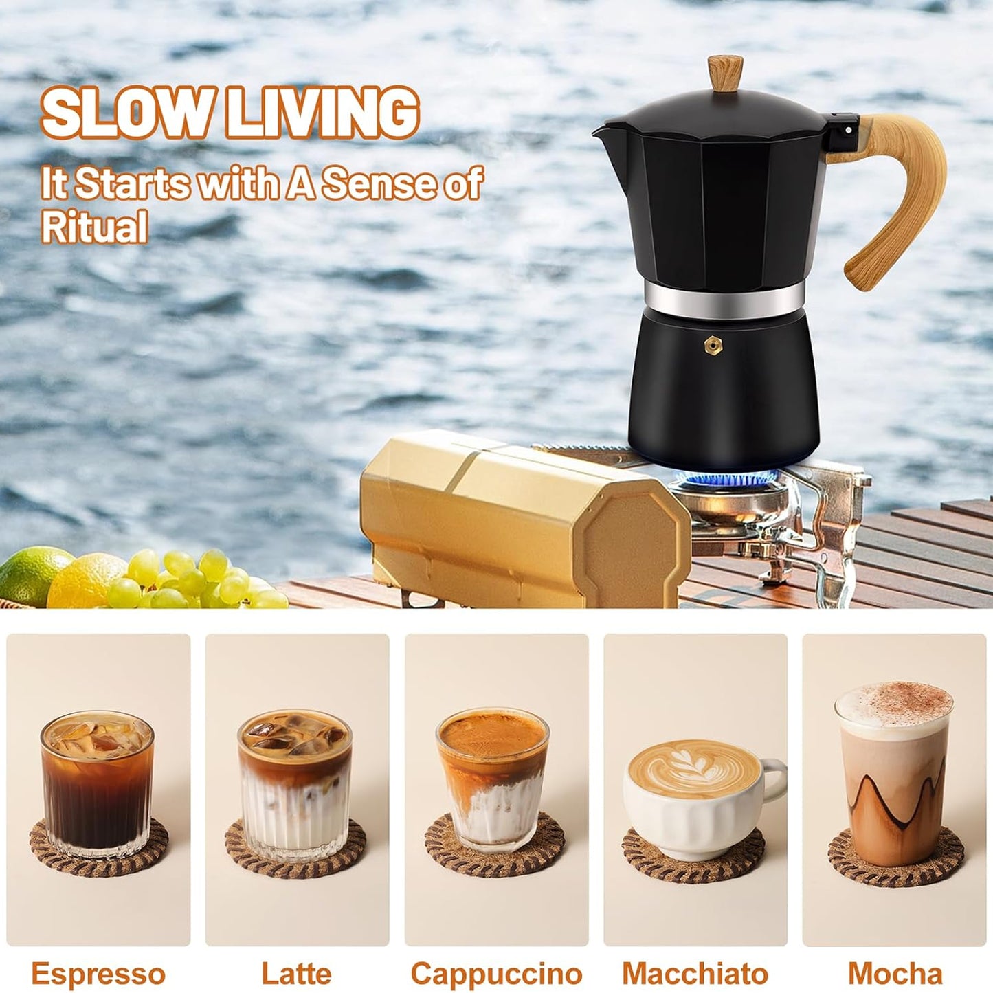 RostCafi Italian Moka Pot Espresso Maker with Vintage Wooden Handle
