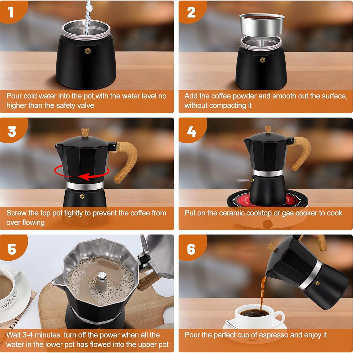 RostCafi Italian Moka Pot Espresso Maker with Vintage Wooden Handle