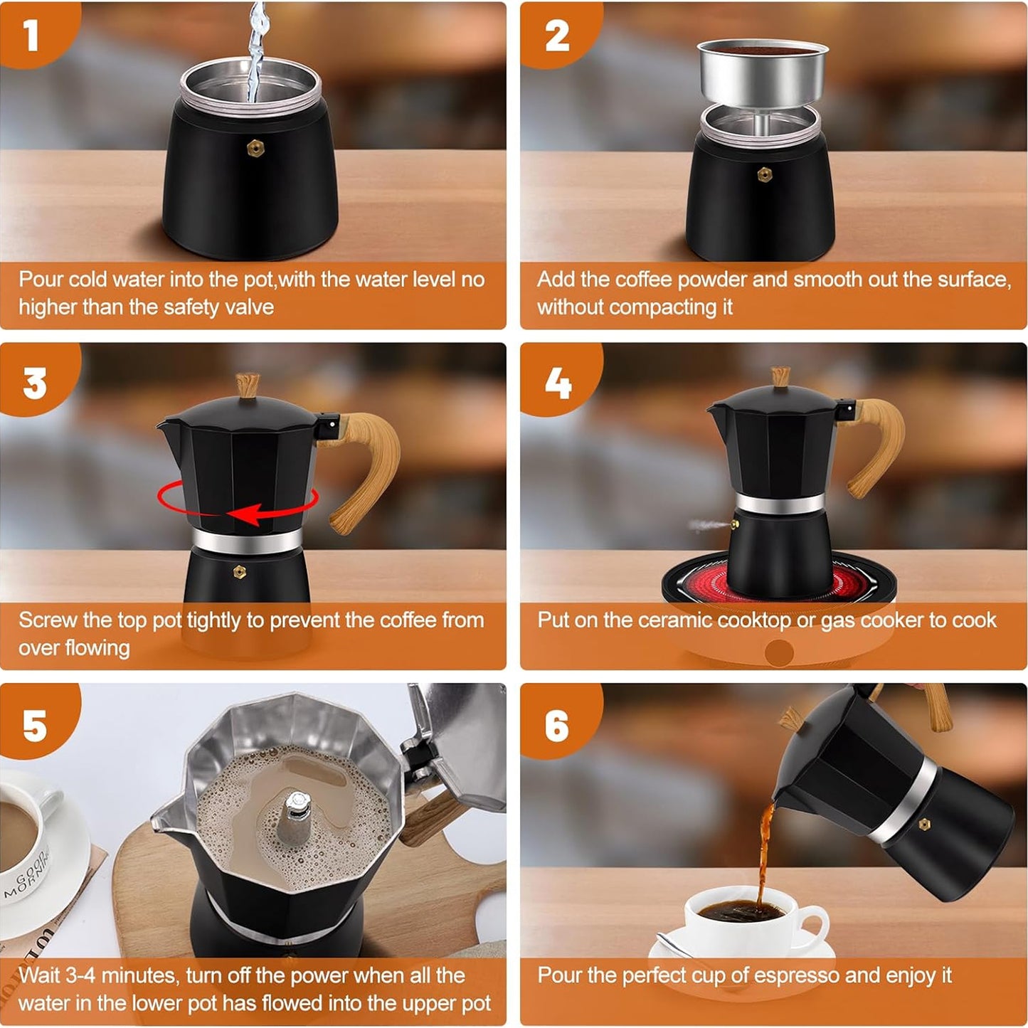 RostCafi Italian Moka Pot Espresso Maker with Vintage Wooden Handle