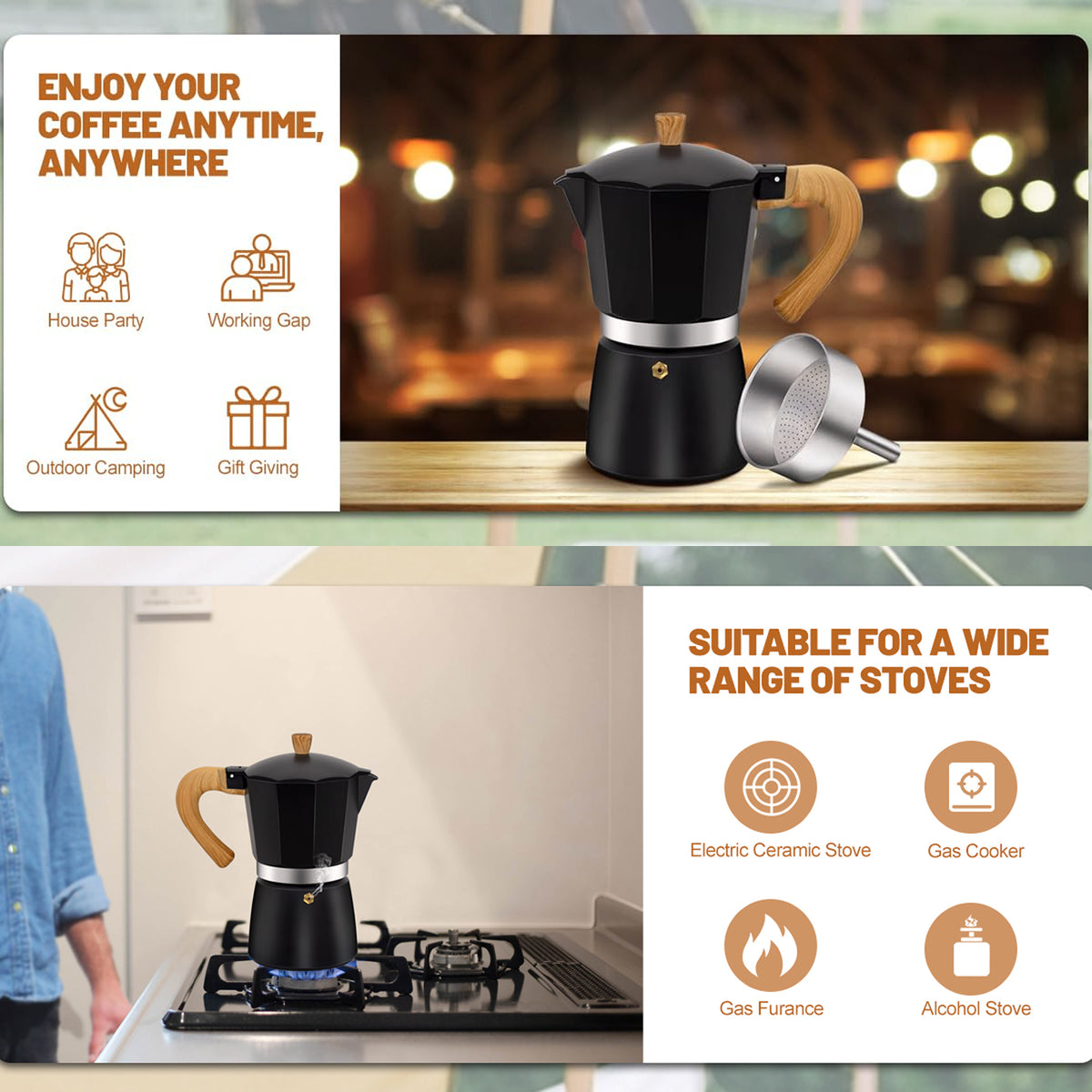 RostCafi Italian Moka Pot Espresso Maker with Vintage Wooden Handle