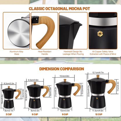 RostCafi Italian Moka Pot Espresso Maker with Vintage Wooden Handle