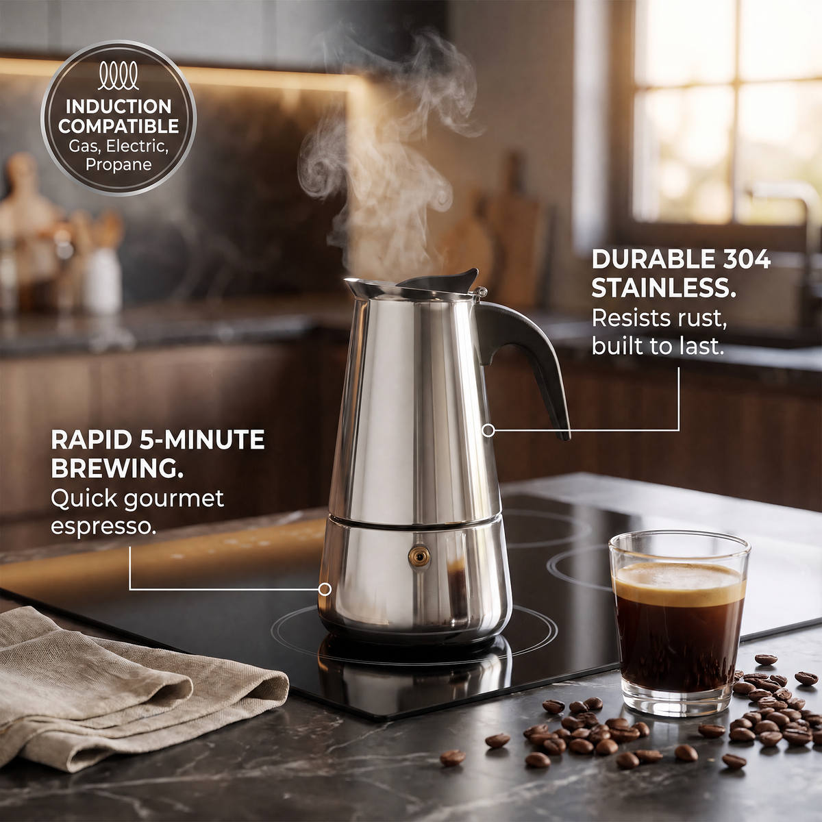 TinnoPour Stainless Steel Stove Top Espresso Maker