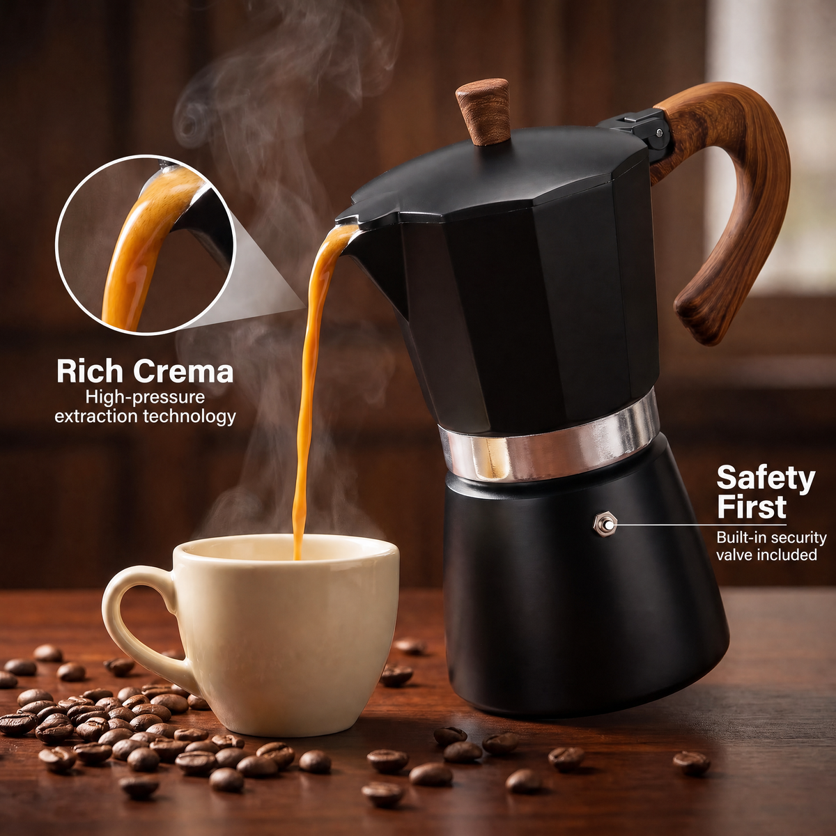 RostCafi Italian Moka Pot Espresso Maker with Vintage Wooden Handle