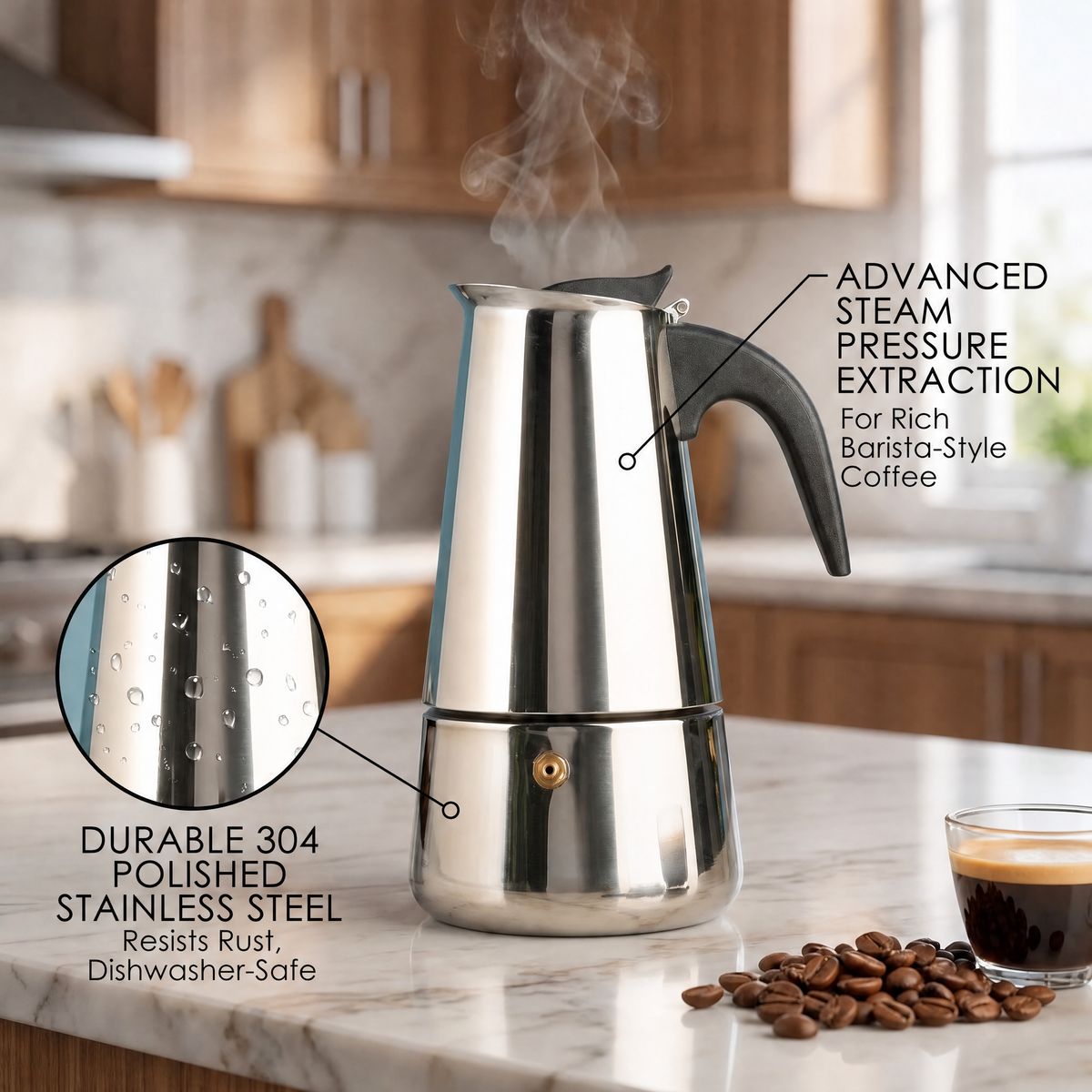 TinnoPour Stainless Steel Stove Top Espresso Maker