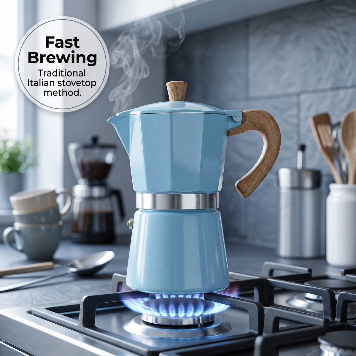 RostCafi Italian Moka Pot Espresso Maker with Vintage Wooden Handle