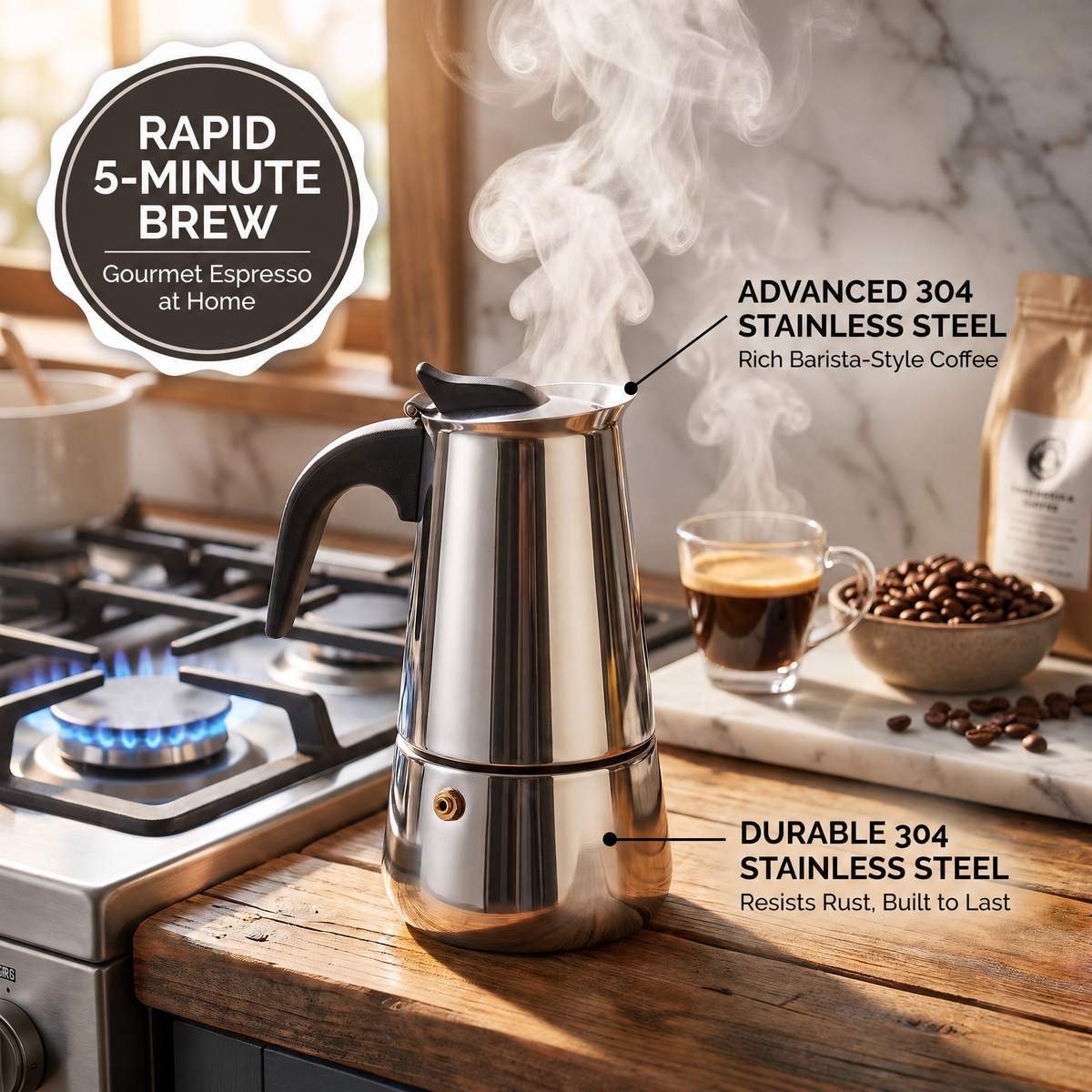 TinnoPour Stainless Steel Stove Top Espresso Maker